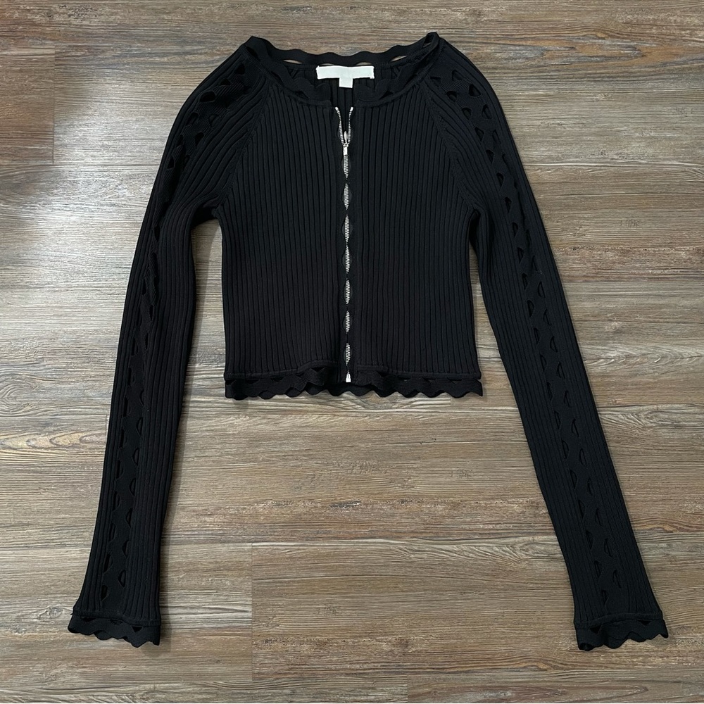 NWOT Jonathan Simkhai Ribbed Knit Scallop Trim Zip Up Cropped Sweater